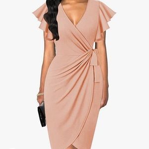 NEW Coral Womens Deep V Neck Ruffle Sleeve Sheath Casual Cocktail Or Work Dress
